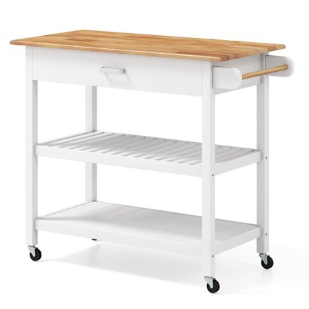 Keittiösaarekkeen vaunu laatikolla ja hyllyillä – valkoinen, puukansi