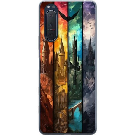 Yhteensopiva Puhelinkuori Sony Sony Xperia 5 II Neljä taianomaista linnaa eri elementtiväreissä, eeppinen fantasiataide tulen veden ilman ja pimeyd