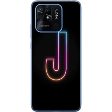 Kompatibel Mobilcover til Xiaomi Xiaomi Redmi 10C Minimalistisk neonbogstav J i farveskiftende lys mod sort baggrund