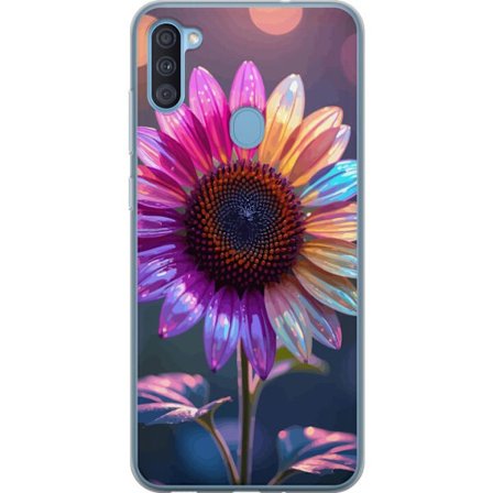 Kompatibelt Mobildeksel til Samsung Galaxy A11 Irideserende blomst med glitrende kronblad i rosa lilla og gull mot myk bokeh bakgrunn