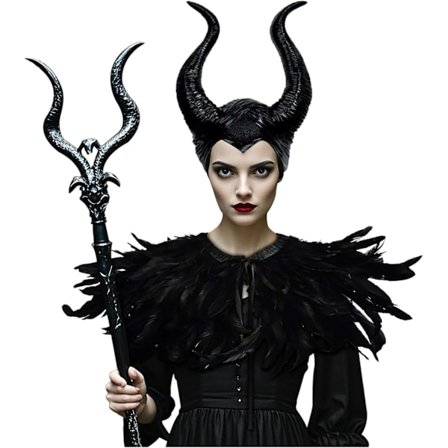 Naisten goottilainen musta höyhenviitta hartiahuivi paholaisen härän sarvilla Halloween-variskuningatar-asu