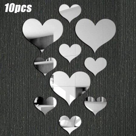 10 st kärlek hjärtformade spegelväggklistermärken Stick On Art Decor Silver 10st