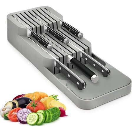 Knivblok til skuffe, bordpladeorganisator til skuffer, knivopbevaringsboks, kan rumme op til 9 knive, grå.