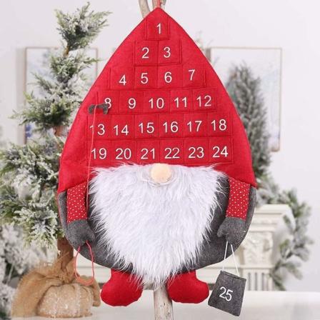 Adventskalender, svensk nisse nedtællingskalender med 24 dages lommer, genanvendelig hængende adventskalender til juledekorationer (rød)