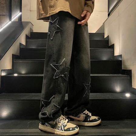 Nye Mænds Stjerne Broderier Rette Casual Jeans Baggy Gotiske Neutrale Bred Denim Bukser Hip-Hop Mode Unge Streetwear Mænd Y2k black Asia L (57.5-65kg)