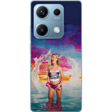 Kompatibel Mobilcover til Xiaomi Redmi Note 14S Blond kvinde i farverigt strandtøj, der leger i havet ved solnedgang