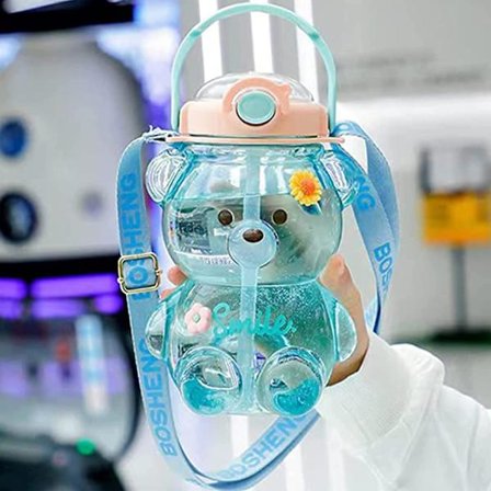 1000ml Stor Kawaii Björnmugg Vattenflaska Med Sugrör Och Rem, Söta Vattenflaskor För Drickflaska(blå)