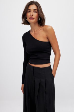 NA-KD Basic One-Shoulder-Ripp-Oberteil - One shoulder Tops - Schwarz - M