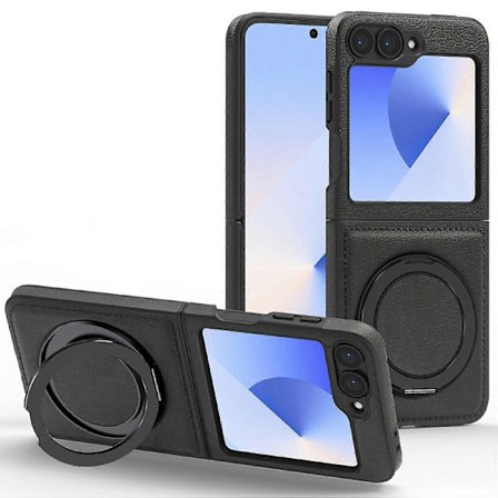 For Samsung Galaxy Z Flip6 5G Magnetisk Deksel Roterende Ring Støtte PU Lær+PC Bakdeksel