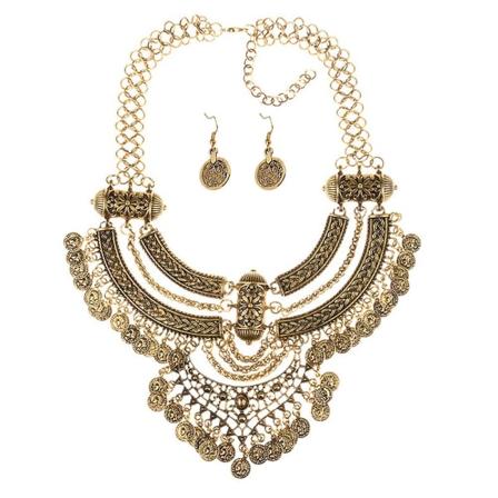 Fashion Coin Vintage Style Crescent Fringe Tjock Kedja, Kort Krage Ben Halsband gold