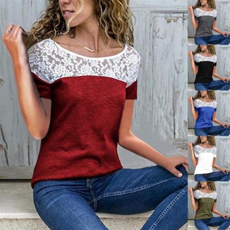 Ladies Lace Patchwork Rundhalsad Lös Kortärmad T-shirt