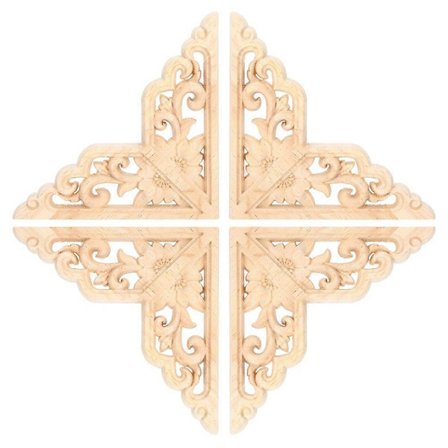 4 stk. udskåret træapplikation, træudskæring, hjørne-dekal, møbeldekoration til hjemmet