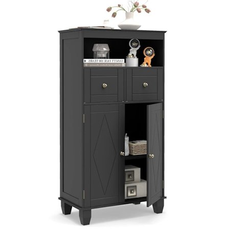 COSTWAY Badeværelsessøjle med 2 Skuffer, Skab med 2 Døre, Åben Rum, Justerbar Hylde til Stue, Køkken, Sort