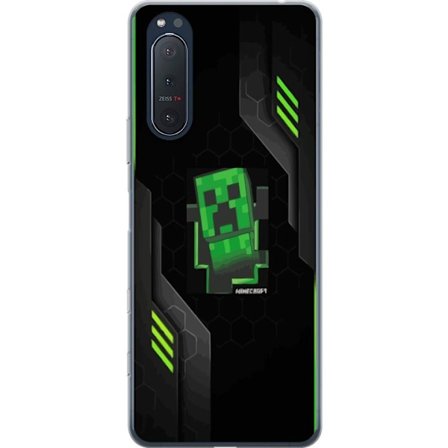 Kompatibelt Mobilskal till Sony Sony Xperia 5 II Grön pixelbaserad creeperliknande spelillustration med futuriska neoninslag och mörk techbakgrund p