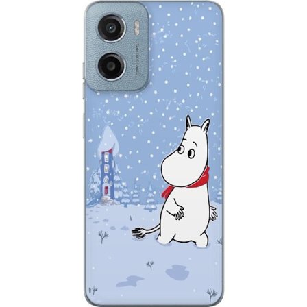 Motorola Moto E15 Gjennomsiktig deksel Står i et rolig vinterlandskap med snøfall, blå toner og måne der den rolige stemningen skaper en myk og vi