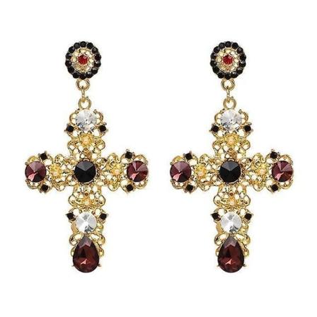 Vintage Boho Crystal Cross Drop örhängen för kvinnor rosa