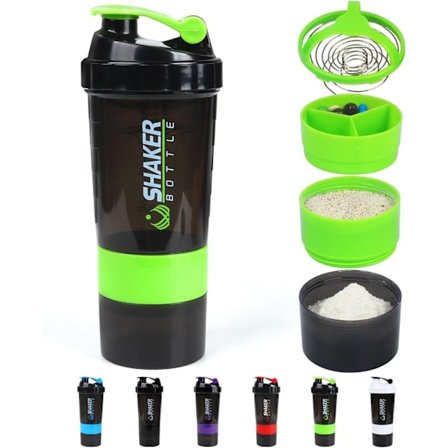 Protein Shaker Flaska, Läcksäker Sportvattenflaska för Proteinmixer - Halkfri 3 Lager, 47 cl Shake Kopp med Pillbox (Svart) Grön