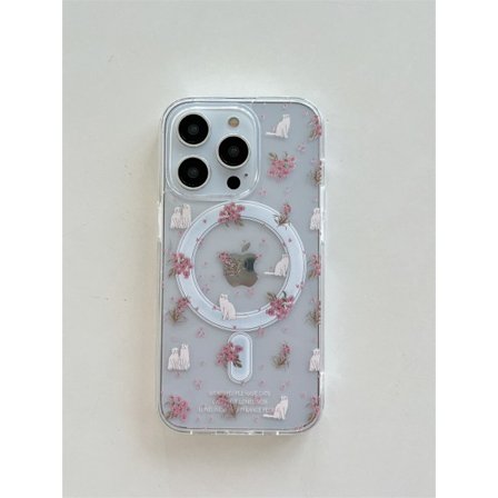 Fodral för iPhone 15 Plus Magnetiskt mobilskal Rosa blomma katt magnetisk korthållare läder