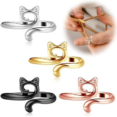 Justerbare hekleringer med kattemønster, sett med 4, materialer av høy kvalitet