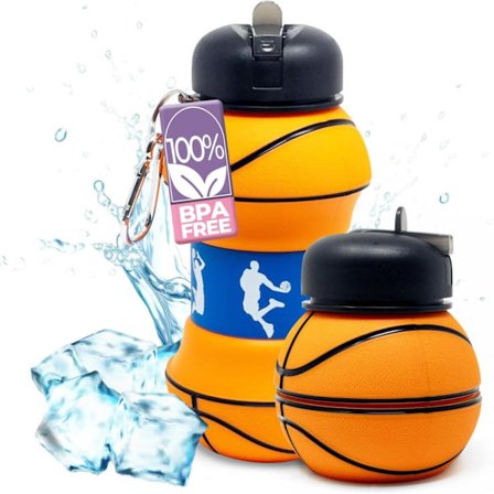 Sammenleggbar vannflaske for barn – Basketballdesign BPA-fri silikon | Lekkasjesikker for sport, skole, utendørs (355 ml)