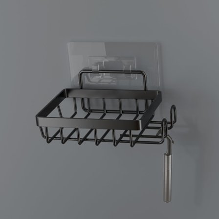 Selvklæbende sæbeholder til brusevæg, loofah-holder med to kroge, badeværelses-/køkkenvask shampoo- og svampeholder, sort.