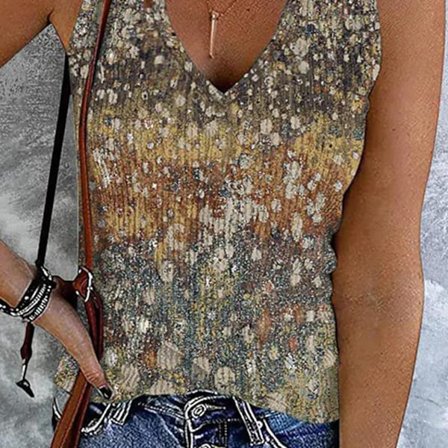 Dam Djup V-ringad Ärmlös Skjorta Trendig Casual Elegant Tryckt Linne för Dejt Party Gul Prick S