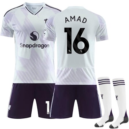 25-26 Manchester United F.C. Bortatröja Vit NO.16 AMAD Set Barn Vuxen Fotbollsutrustning med Strumpor