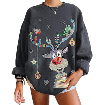 Christmas Sweatshirt Crewneck Pullover Långärmad Lösa Toppar Älg Print Skjorta