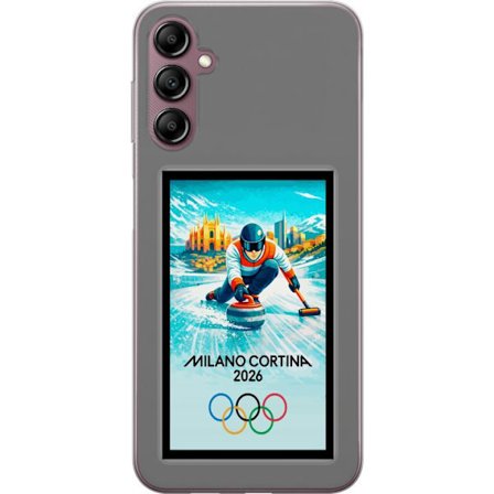 Yhteensopiva Puhelinkuori Samsung Galaxy A14 5G Jääkiekkoilukuva, jossa pelaajat liikkuvat jäällä, Milano Cortina 2026, Milanin maamerkit ja olympiala