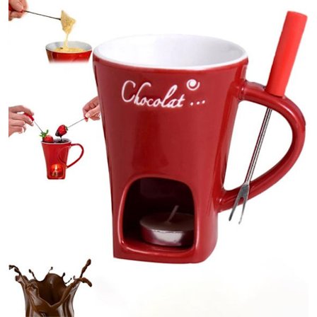 Chokolade Smelte Kop - Chokoladefondue Smelte Kop varmer med gaffel - Nostalgisk Keramisk Ostefondue Gryde - Mini Slow Stew Kop - Rød