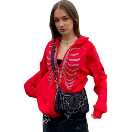 Unisex Zip Oversized Rhinestone Skull Hoodie Sweatshirt Jacka H