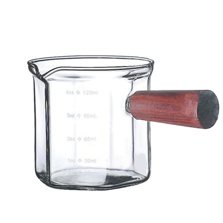 Mini melkeglasskrus for barista-bruk, klart målebeger med trehåndtak, slitesterk målekopp med dobbel tutdesign og presis måleskala