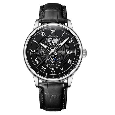 Miesten ylellinen automaattikello päivämääränäytöllä, itsestään vetävä koneisto ja läpinäkyvä pohjakansi, vedenpitävä nahkaranneke, luminoivat 