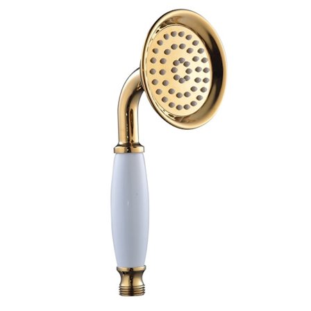 Duschhuvud i mässing, keramik, guld, runt, litet, utan