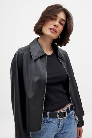 NA-KD Veste en similicuir à col large - Vestes en similicuir - Noir - EU 34