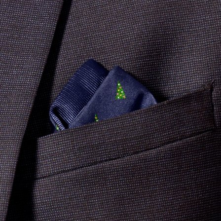 Pochette de costume bleu marine à motifs de sapins de Noël pour hommes - Cravates de Noël