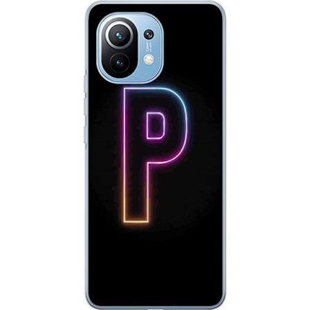 Kompatibel Mobilcover til Xiaomi Xiaomi Mi 11 Minimalistisk neonbogstav P i farvegradient og lyseffekt mod sort baggrund i digital neonstil