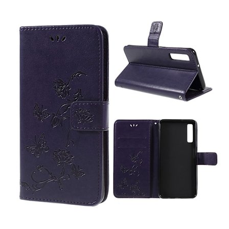 Samsung Galaxy A7 (2018) mobiletui i kunstlæder med indgraveret sommerfugl - Mørk Lilla