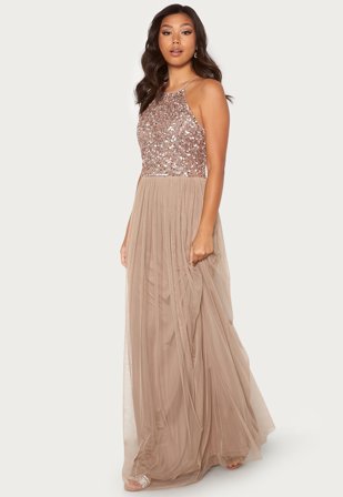 AngelEye High Neck Sequin Maxi Dress Taupe Klær
