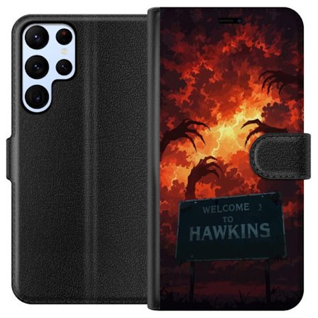 Yhteensopiva Lompakkokotelo Samsung Galaxy S24 Ultra Pimeä apokalyptinen fantasiakohtaus palavalla taivaalla ja Hawkins-kyltti Stranger Things -tyylil