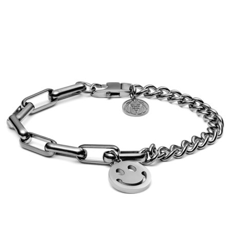 Bracelet Amager Clarke argenté à maille torsadée et maille gourmette avec pendentif Smiley pour hommes - Bracelets en acier