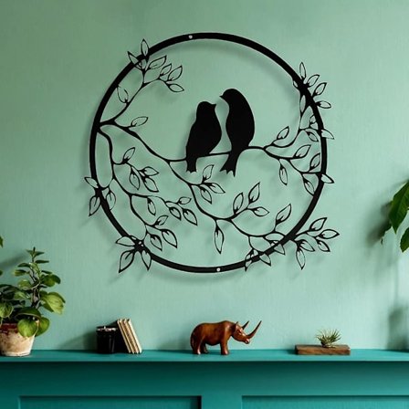 Metallisk veggdekor, fugletegnfigur veggdekor fuglesilhuettkunst rund vegg skulptur