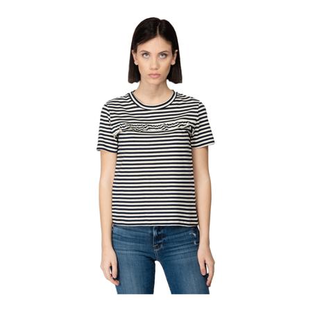 Jucca Round Neck T-Shirt IN Striped Cotton With Rouche ON THE Front Blå, Dame T-shirts