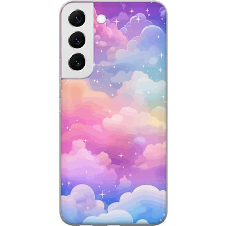 Kompatibelt Mobildeksel til Samsung Galaxy S22+ 5G Søt enhjørning med regnbuefarget hår mot en stjernebelagt pastellbakgrunn i kawaii-stil