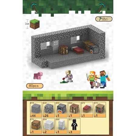 Minecraft byggklossar, magnetiska byggklossleksaker - stenhus 80 klossar, 3 figurer