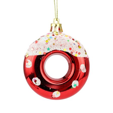 8 stk. Røde og Hvide Juletræsdekorationer - Slik Julekugler - Glitter Donut Vedhæng - Juledekoration (Rød og Hvid)