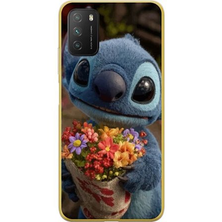 Kompatibel Mobilcover til Xiaomi Xiaomi Poco M3 Sød blå figur med store øjne, der holder en farverig buket i en varm og kær stil