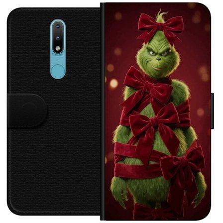 Yhteensopiva Lompakkokotelo Nokia Nokia 2.4 Grinchi-hahmo koristeltu punaisilla samettinauhoilla juhlavassa studiossa, leikkisällä ja humoristisella