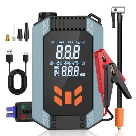 Kraftfuld 12V 1200A Bilbatteri Booster Jumpstarter, med 150 PSI Luftkompressor, Smarte Sikkerhedsklemmer, Egnet til 12V 5.0L Benzin/12V 3.0L Diesel