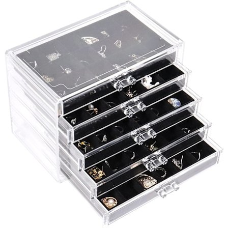 Smykkeskrin i akryl med 5 skuffer, justerbar øreringeholder, klar smykkeopbevaringsorganisator